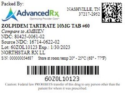 Zolpidem Tartrate 10mg Tab Qty 60 Ndc 80425 0061